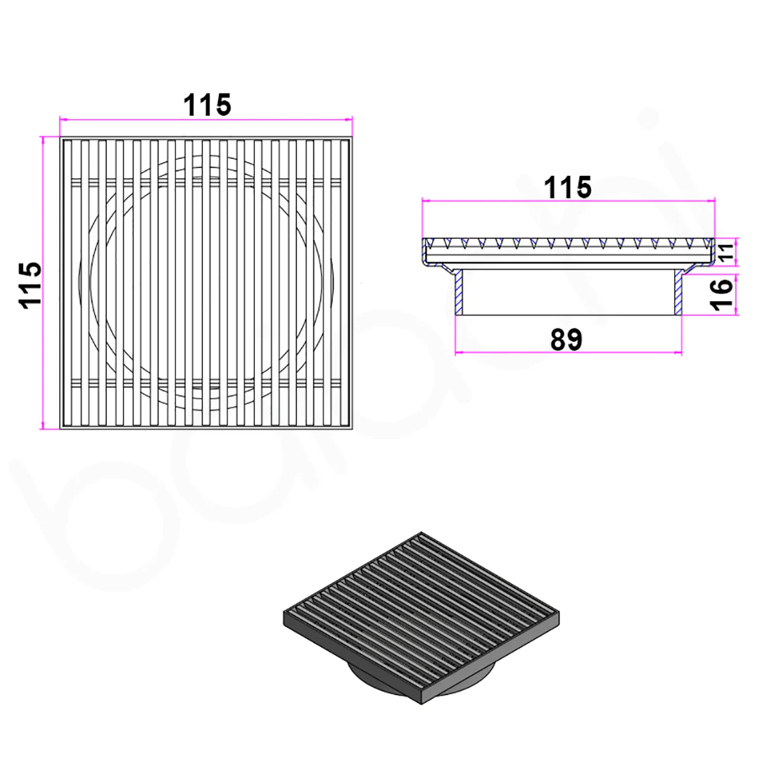 Baiachi 115mm Square Heelguard Floor Waste Matte Black - Image 3