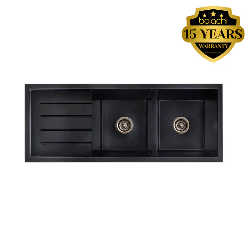 Baiachi 1160 x 450 Double Bowl and Drainer Granite Kitchen Sink Black with Antique Bronze Waste