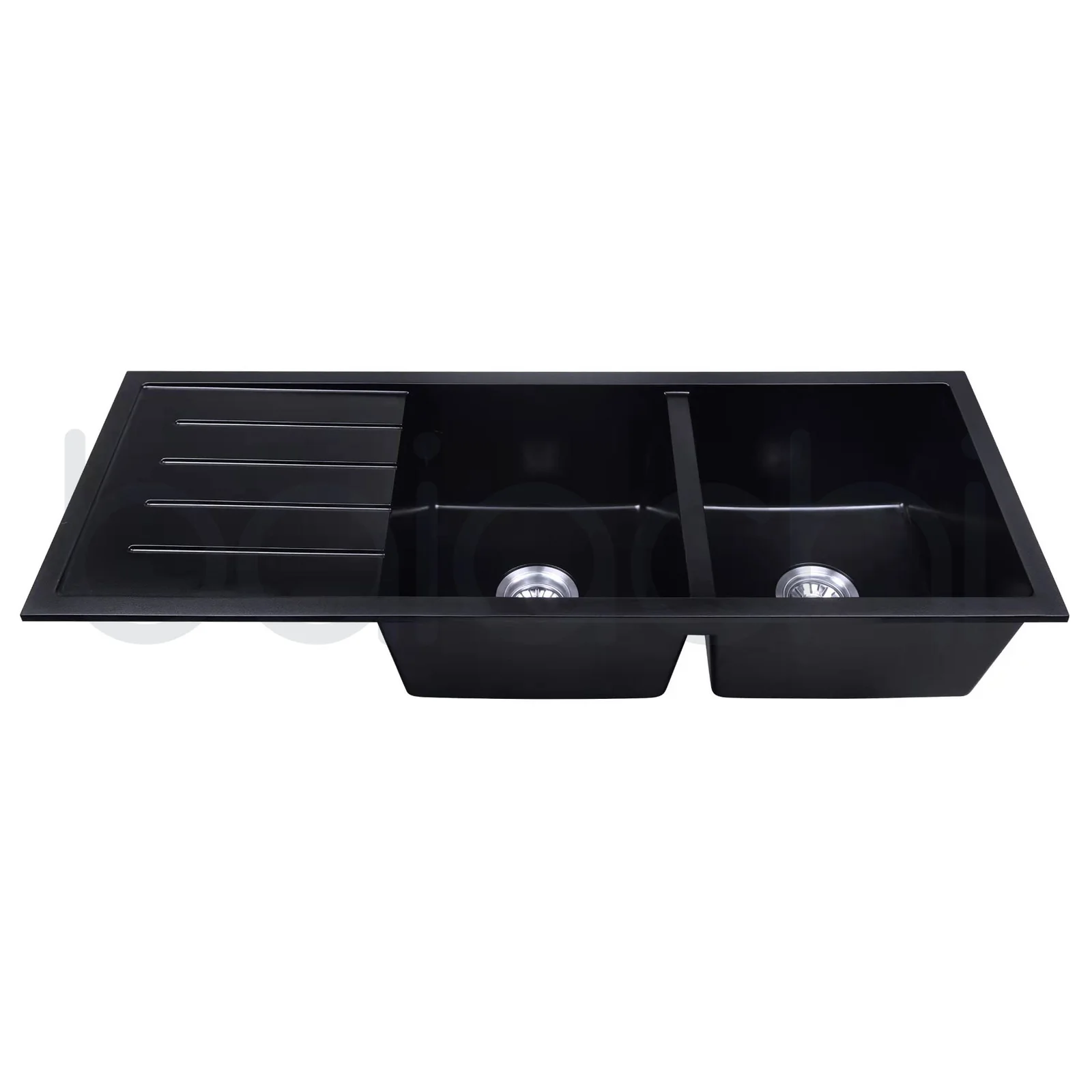 Baiachi 1160 x 450 Double Bowl and Drainer Granite Kitchen Sink Black with Antique Bronze Waste - Image 3