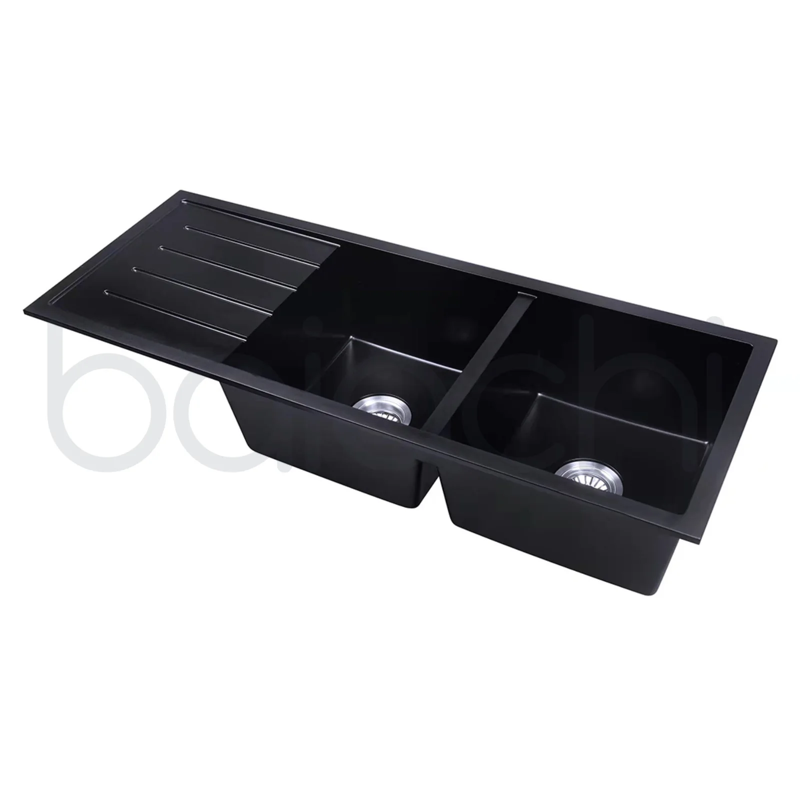 Baiachi 1160 x 450 Double Bowl and Drainer Granite Kitchen Sink Black with Antique Bronze Waste - Image 4