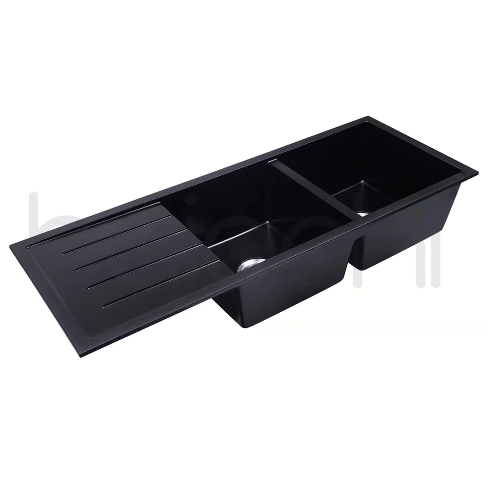 Baiachi 1160 x 450 Double Bowl and Drainer Granite Kitchen Sink Black with Antique Bronze Waste - Image 5