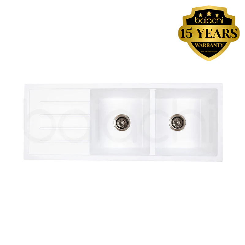 Baiachi 1160 x 450 Double Bowl and Drainer Granite Kitchen Sink White with Antique Bronze Waste