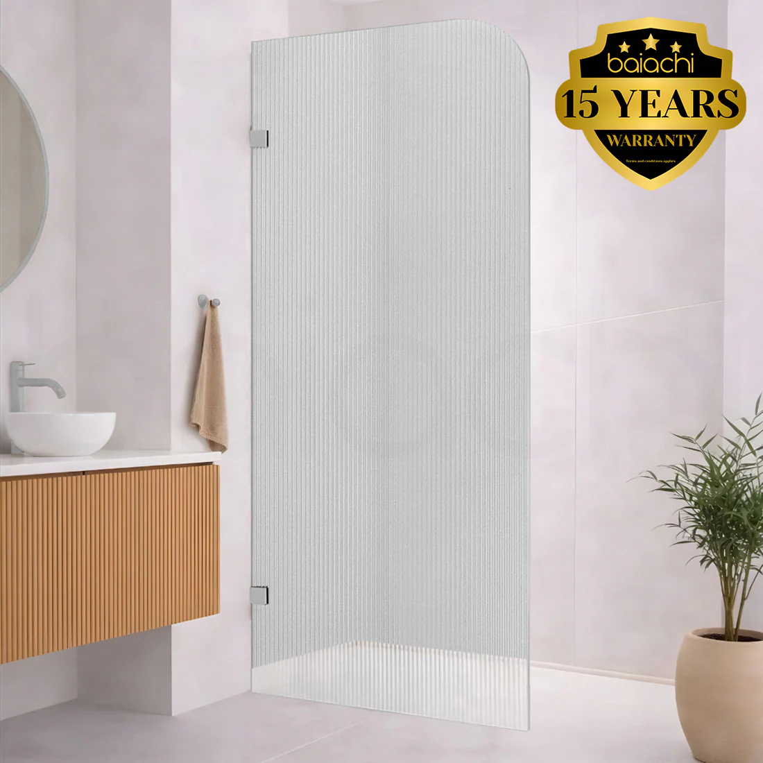 Baiachi 800mm Curved Fluted Glass Fixed Panel Shower Screen Brushed Nickel Right