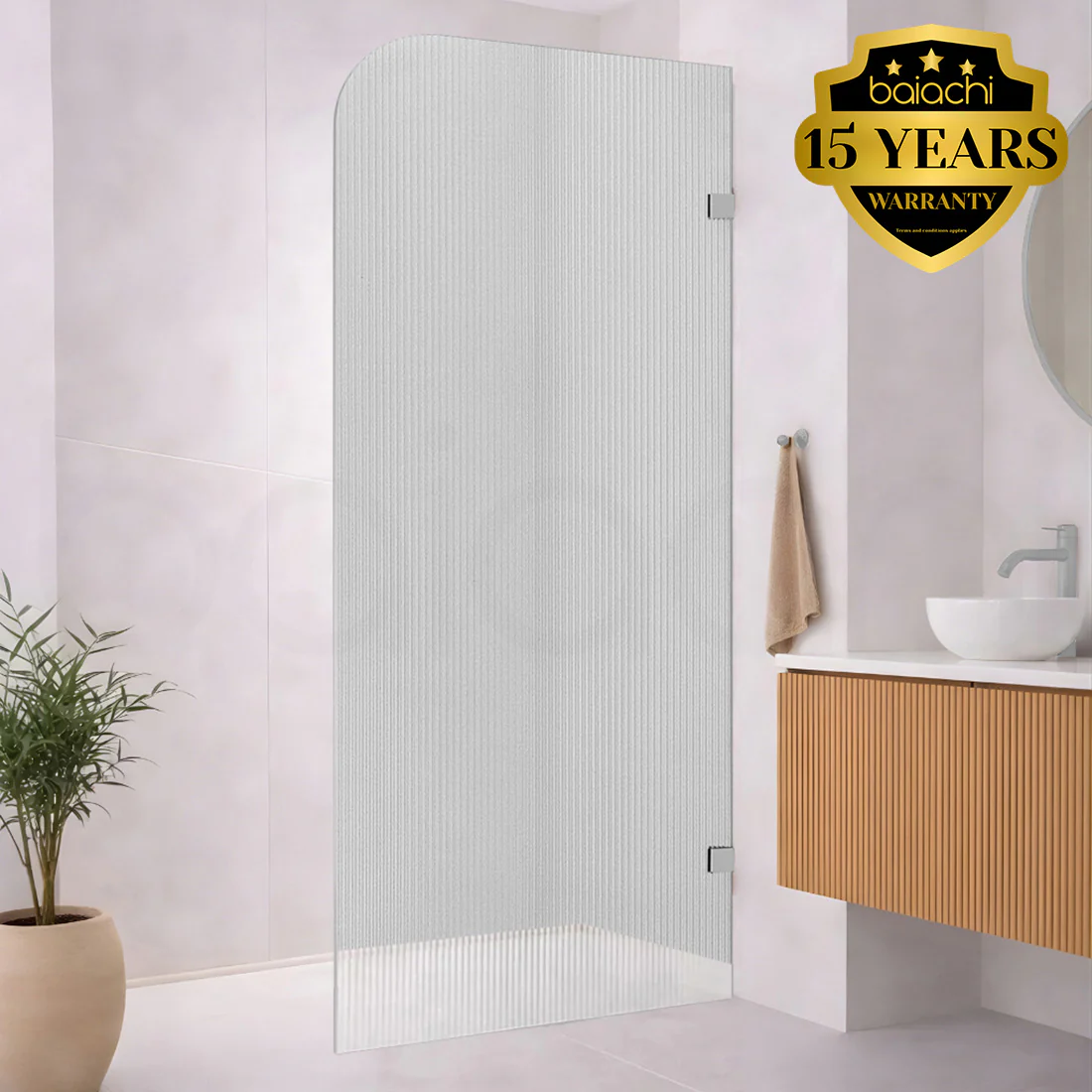 Baiachi 1200mm Curved Fluted Glass Fixed Panel Shower Screen Brushed Nickel Left