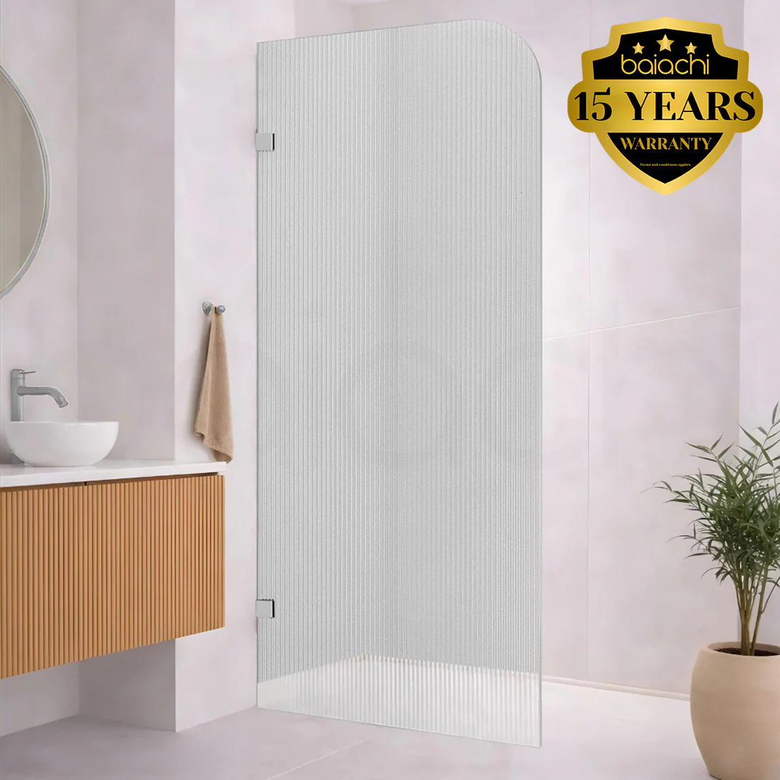 Baiachi 1200mm Curved Fluted Glass Fixed Panel Shower Screen Chrome Right