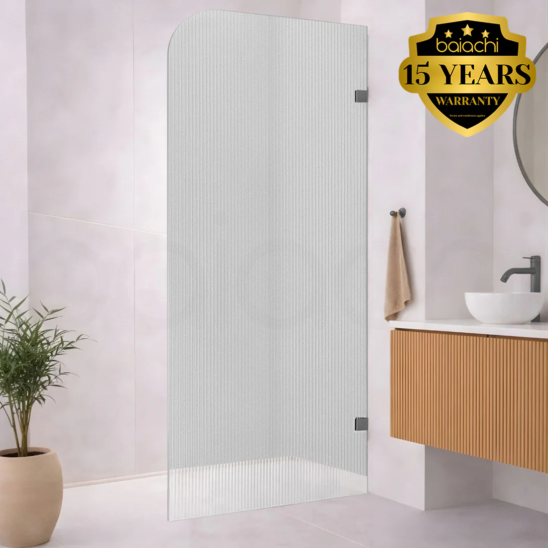 Baiachi 800mm Curved Fluted Glass Fixed Panel Shower Screen Gun Metal Left