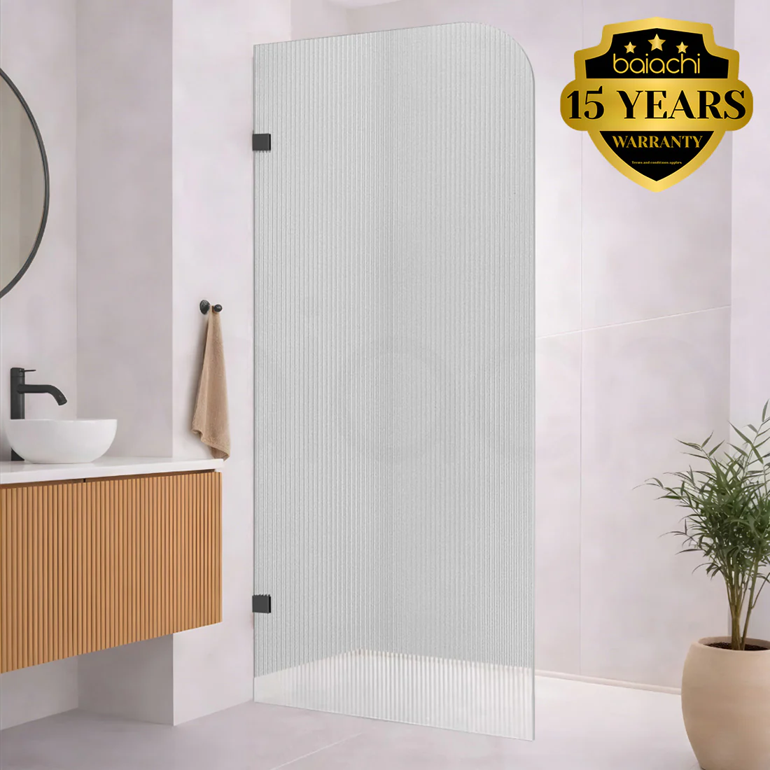 Baiachi 1200mm Curved Fluted Glass Fixed Panel Shower Screen Matte Black Right
