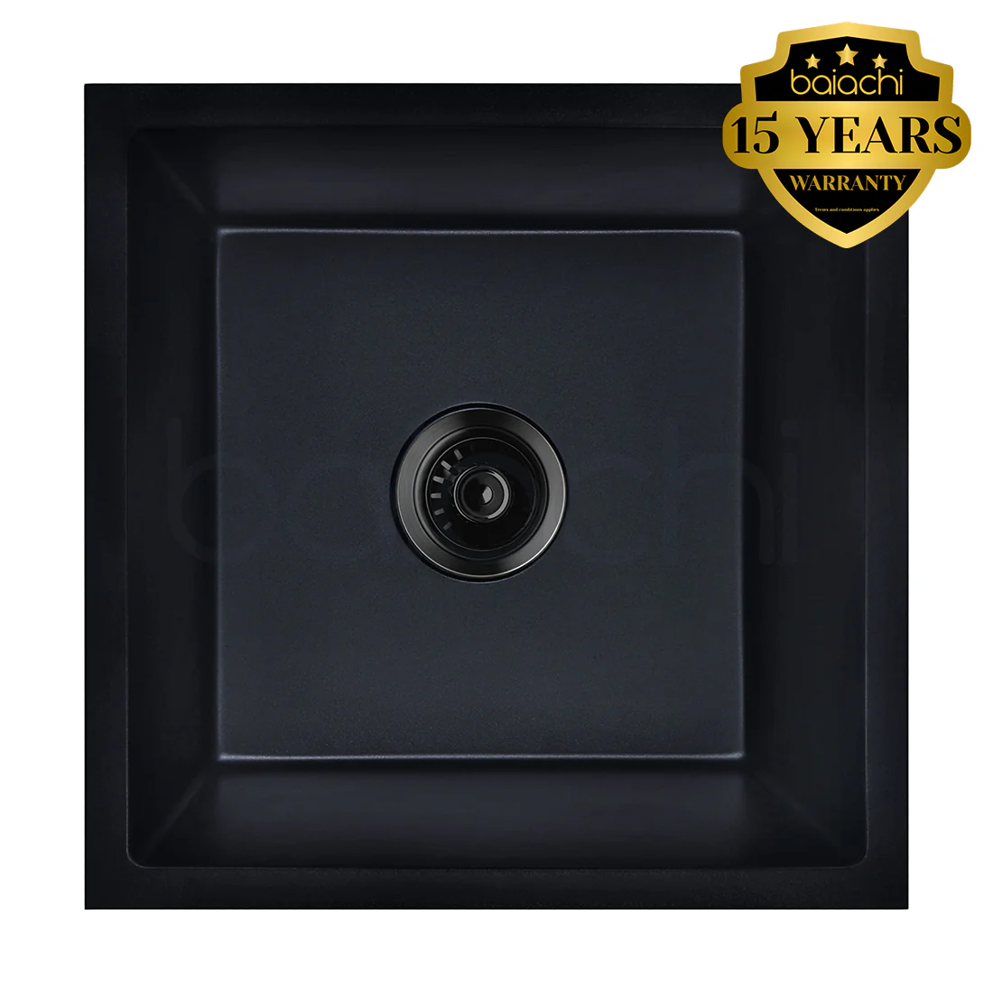 Baiachi 450 x 450 Single Bowl Granite Kitchen Sink Black with Black Waste