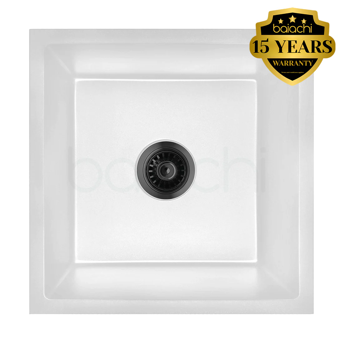 Baiachi 450 x 450 Single Bowl Granite Kitchen Sink White with Black Waste