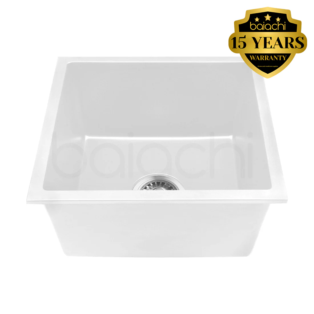Baiachi 450 x 450 Single Bowl Granite Kitchen Sink White with Brushed Copper Waste - Image 2