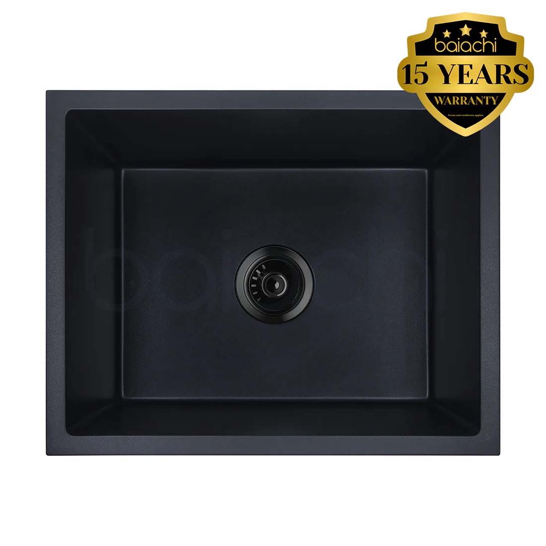 Baiachi 650 x 450 Single Bowl Granite Kitchen Sink Black with Black Waste