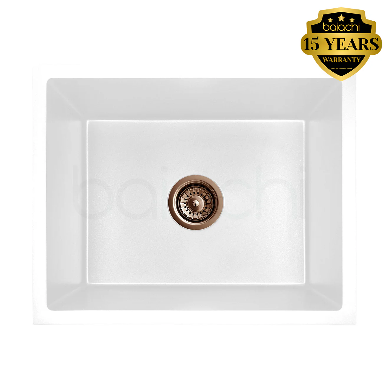 Baiachi 650 x 450 Single Bowl Granite Kitchen Sink White with Brushed Copper Waste - Image 6
