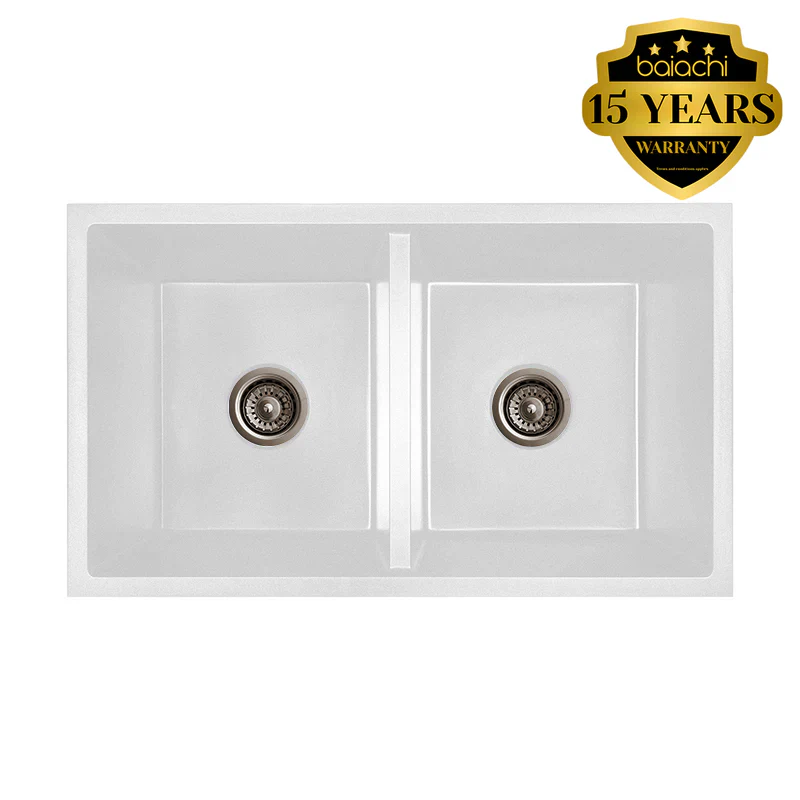 Baiachi 770 x 450 Double Bowl Granite Kitchen Sink White with Antique Bronze Waste
