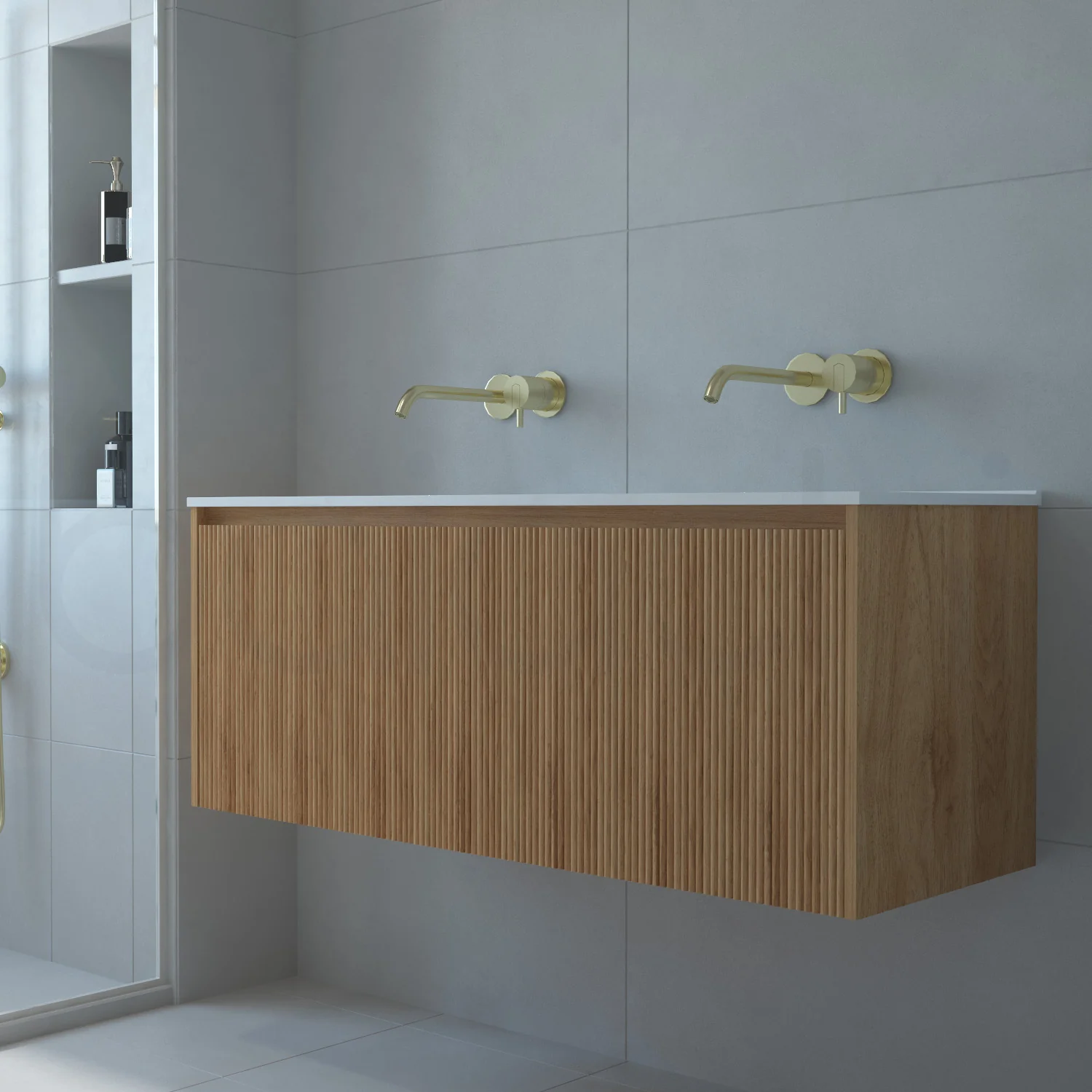 Baiachi Clermont 1200 Fluted Timber Bathroom Vanity Wall Hung Double Ceramic Basin - Image 3