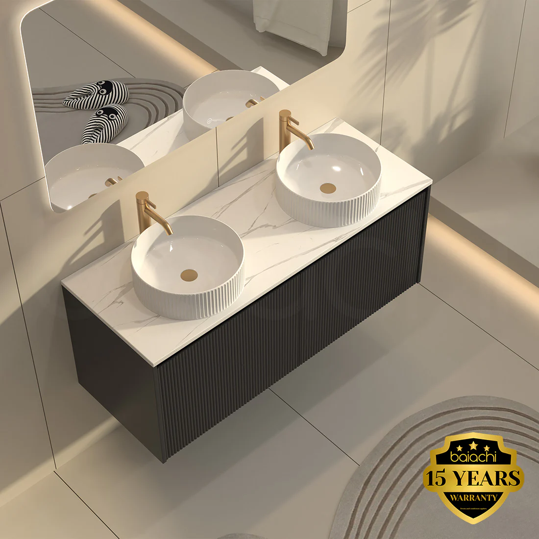 Baiachi Clermont 1200 Black Fluted Wall Hung Bathroom Vanity Ceramic Basin - Image 6
