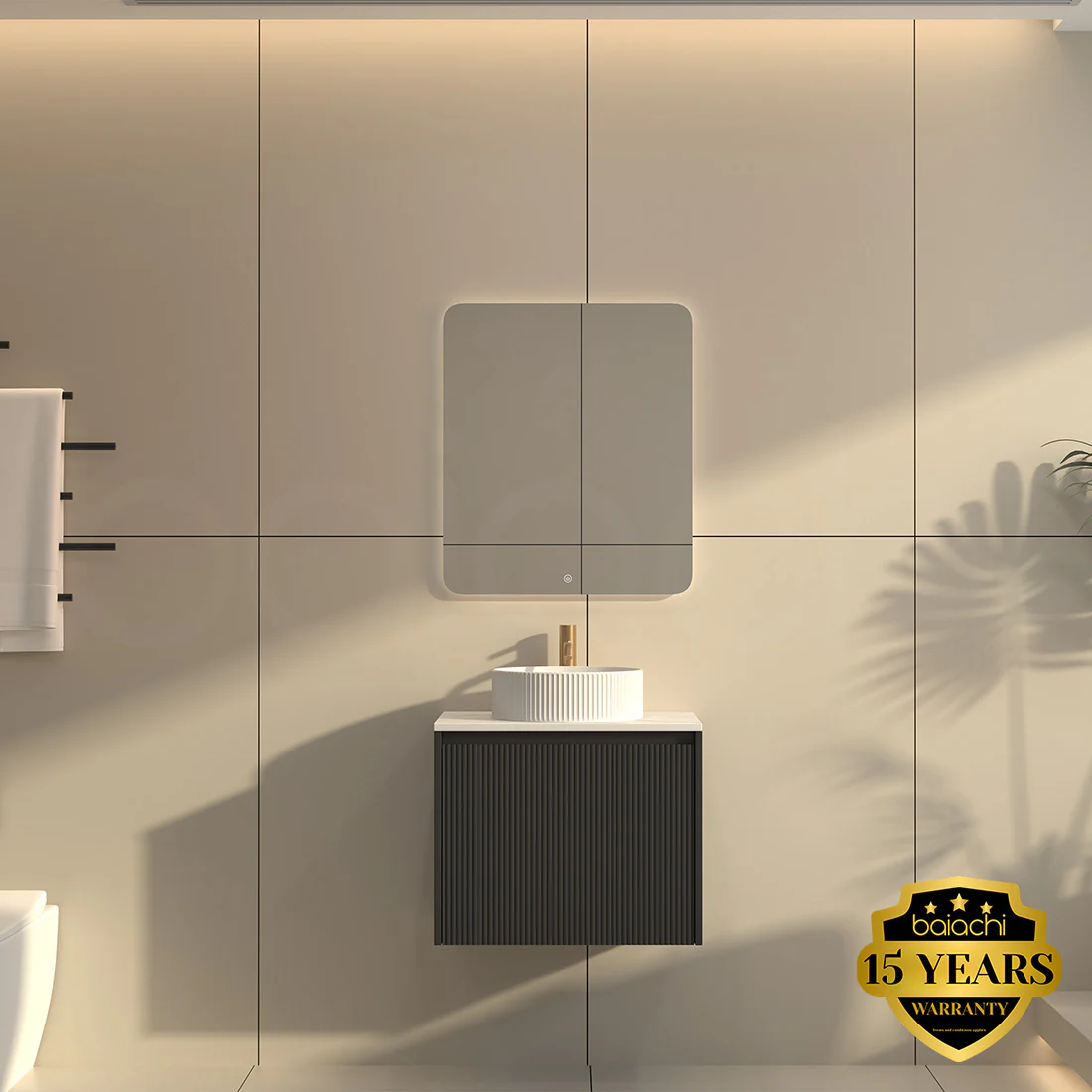Baiachi Clermont 600 Black Fluted Wall Hung Bathroom Vanity Ceramic Basin - Image 2