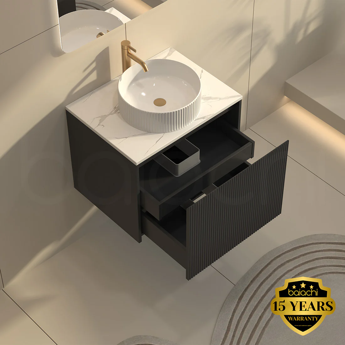 Baiachi Clermont 600 Black Fluted Wall Hung Bathroom Vanity Ceramic Basin - Image 4