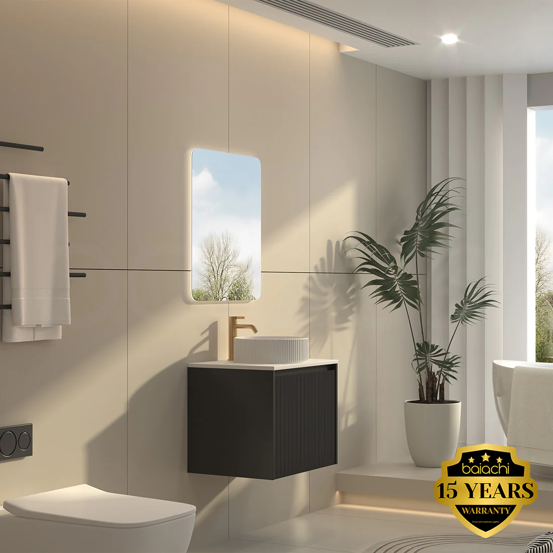 Baiachi Clermont 600 Black Fluted Wall Hung Bathroom Vanity Ceramic Basin - Image 5