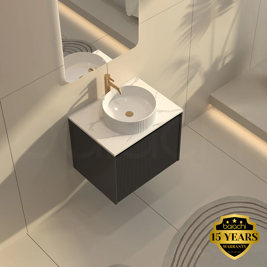 Baiachi Clermont 600 Black Fluted Wall Hung Bathroom Vanity Ceramic Basin - Image 6