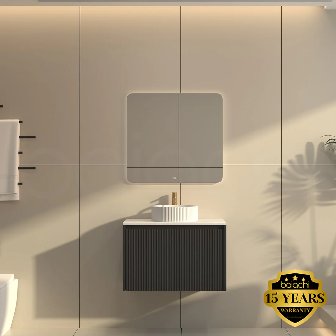 Baiachi Clermont 750 Black Fluted Wall Hung Bathroom Vanity White Stone - Image 3