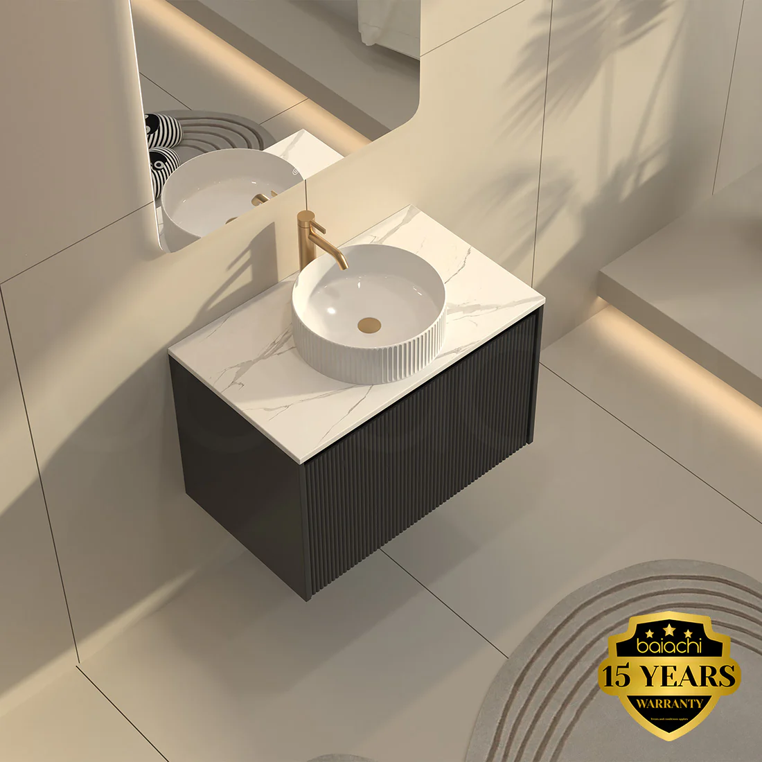 Baiachi Clermont 750 Black Fluted Wall Hung Bathroom Vanity White Stone - Image 4