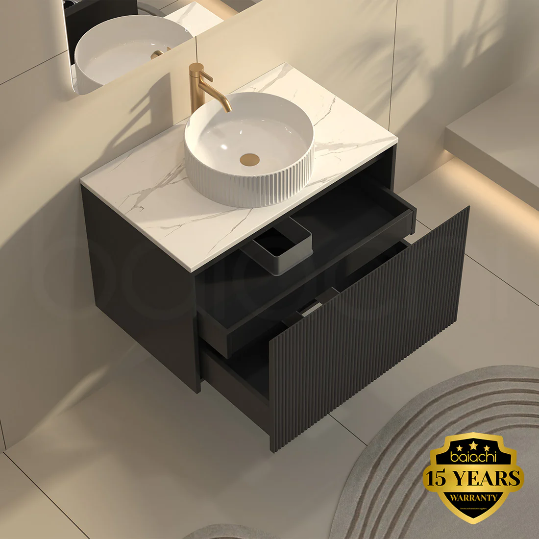 Baiachi Clermont 750 Black Fluted Wall Hung Bathroom Vanity White Stone - Image 5