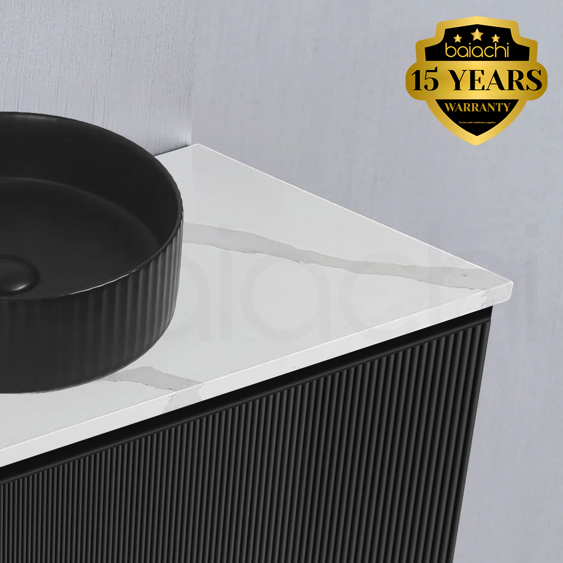 Baiachi Clermont 750 Black Fluted Wall Hung Bathroom Vanity Calacatta Stone