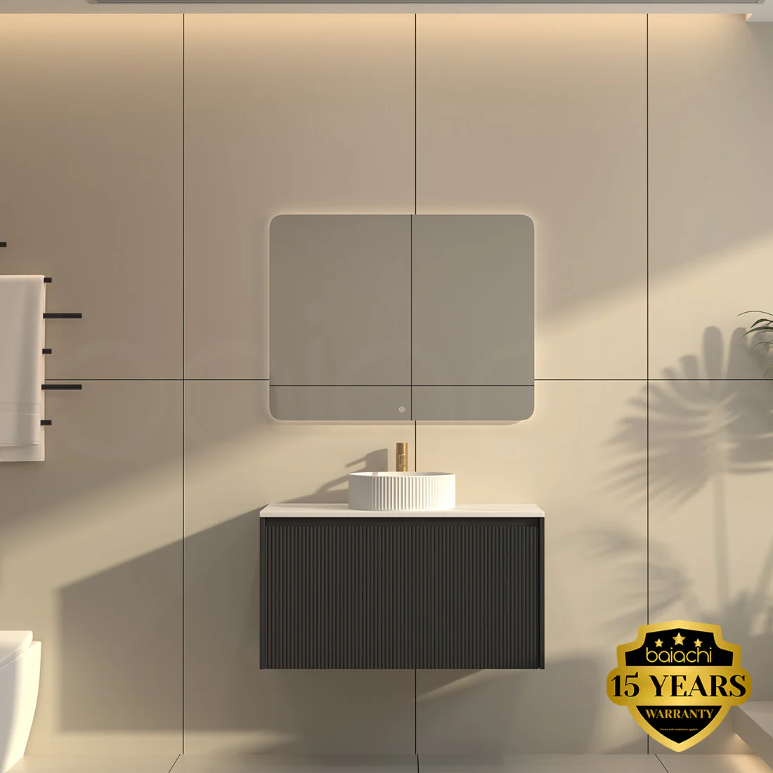 Baiachi Clermont 900 Black Fluted Wall Hung Bathroom Vanity Ceramic Basin - Image 2