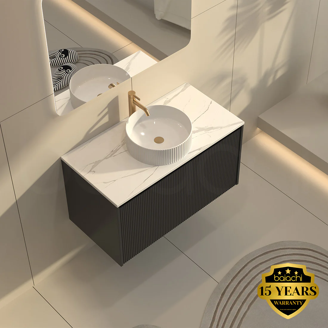 Baiachi Clermont 900 Black Fluted Wall Hung Bathroom Vanity Ceramic Basin - Image 4