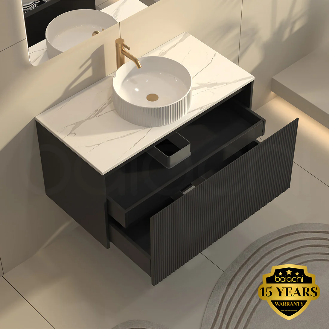 Baiachi Clermont 900 Black Fluted Wall Hung Bathroom Vanity Ceramic Basin - Image 6