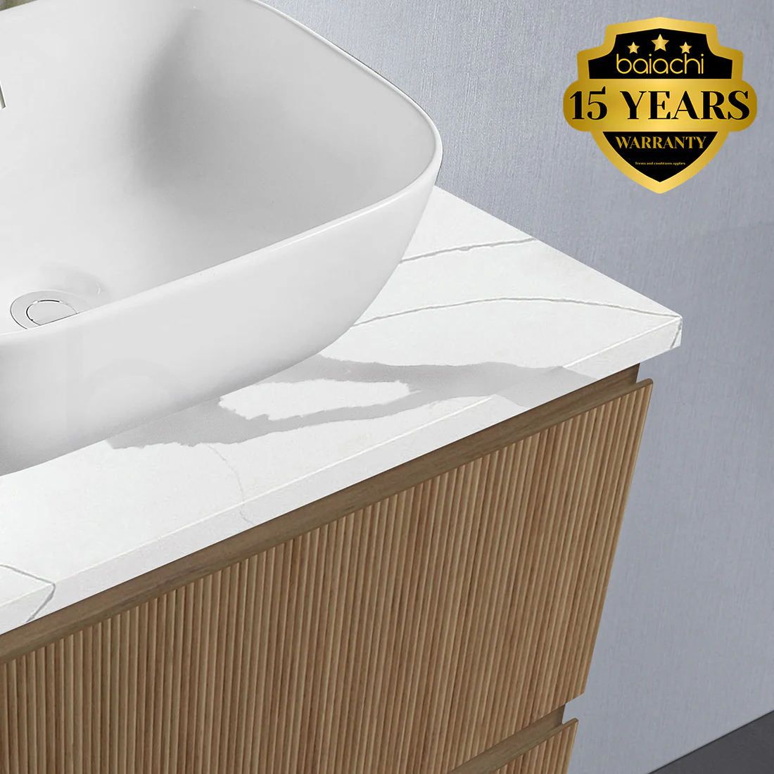Baiachi Clermont 750 Fluted Timber Bathroom Vanity Wall Hung Calacatta Stone