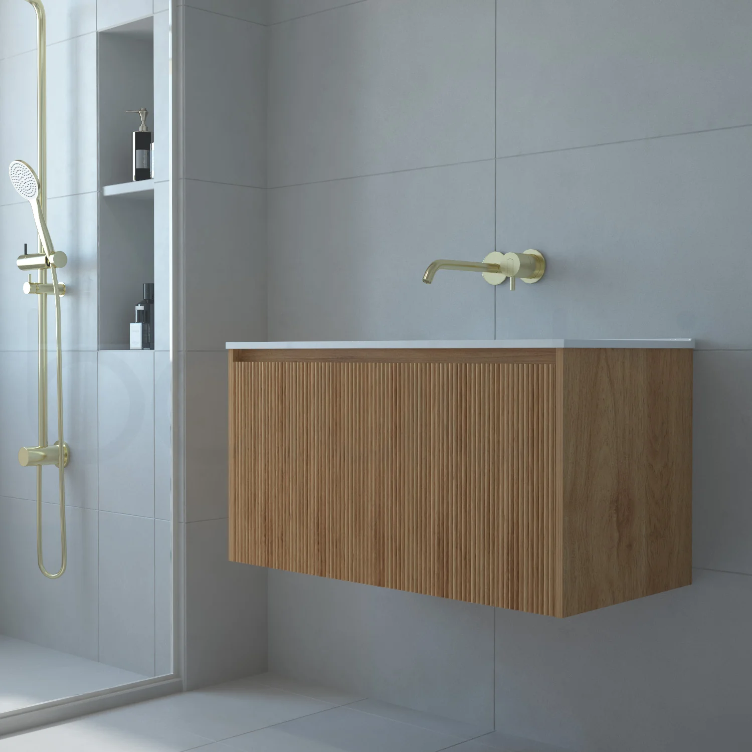 Baiachi Clermont 750 Fluted Timber Bathroom Vanity Wall Hung Calacatta Stone - Image 3