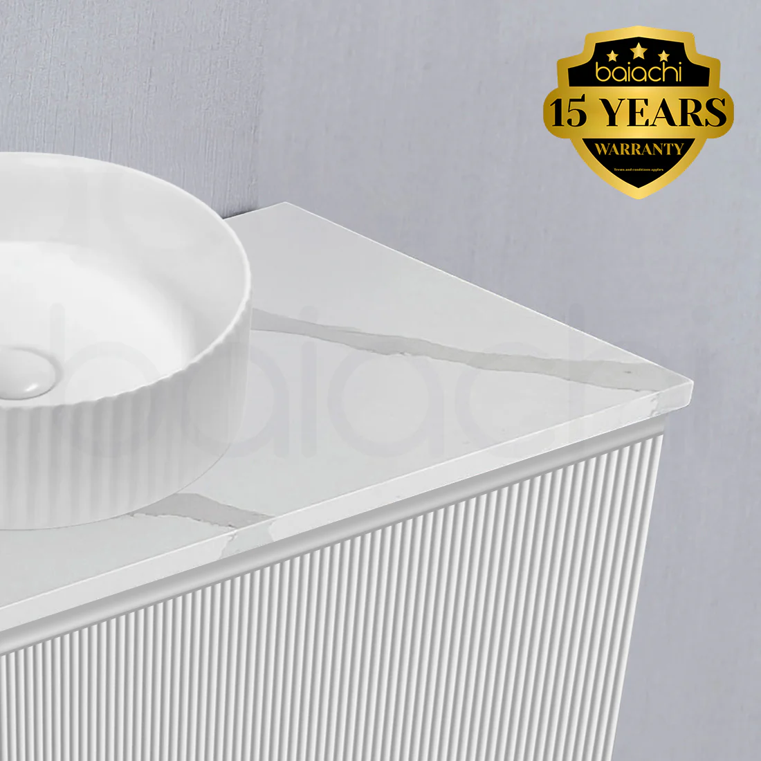 Baiachi Clermont 1500 White Fluted Wall Hung Bathroom Vanity Calacatta Stone