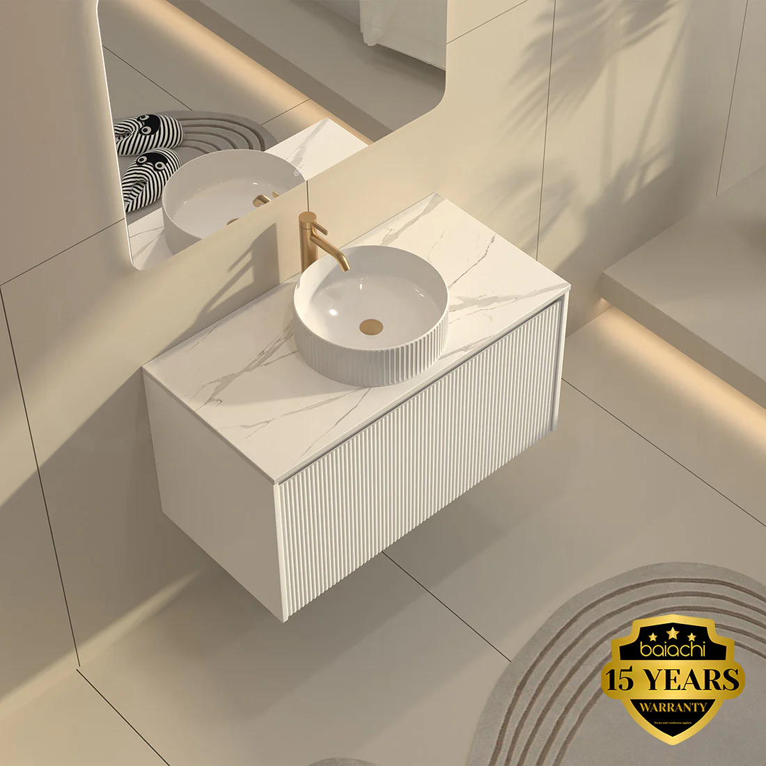 Baiachi Clermont 900 White Fluted Wall Hung Bathroom Vanity Ceramic Basin - Image 5
