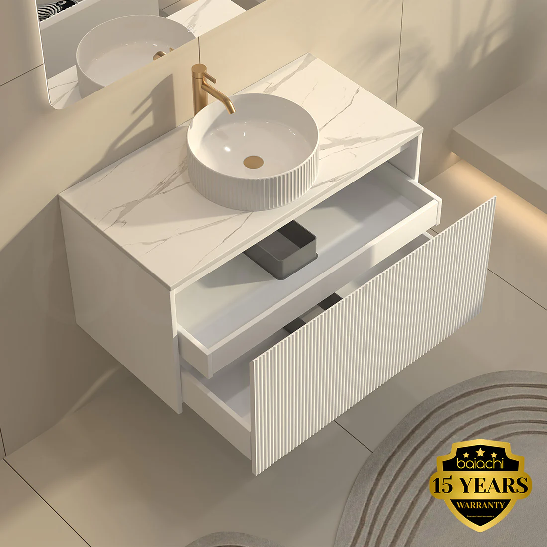 Baiachi Clermont 900 White Fluted Wall Hung Bathroom Vanity Ceramic Basin - Image 6