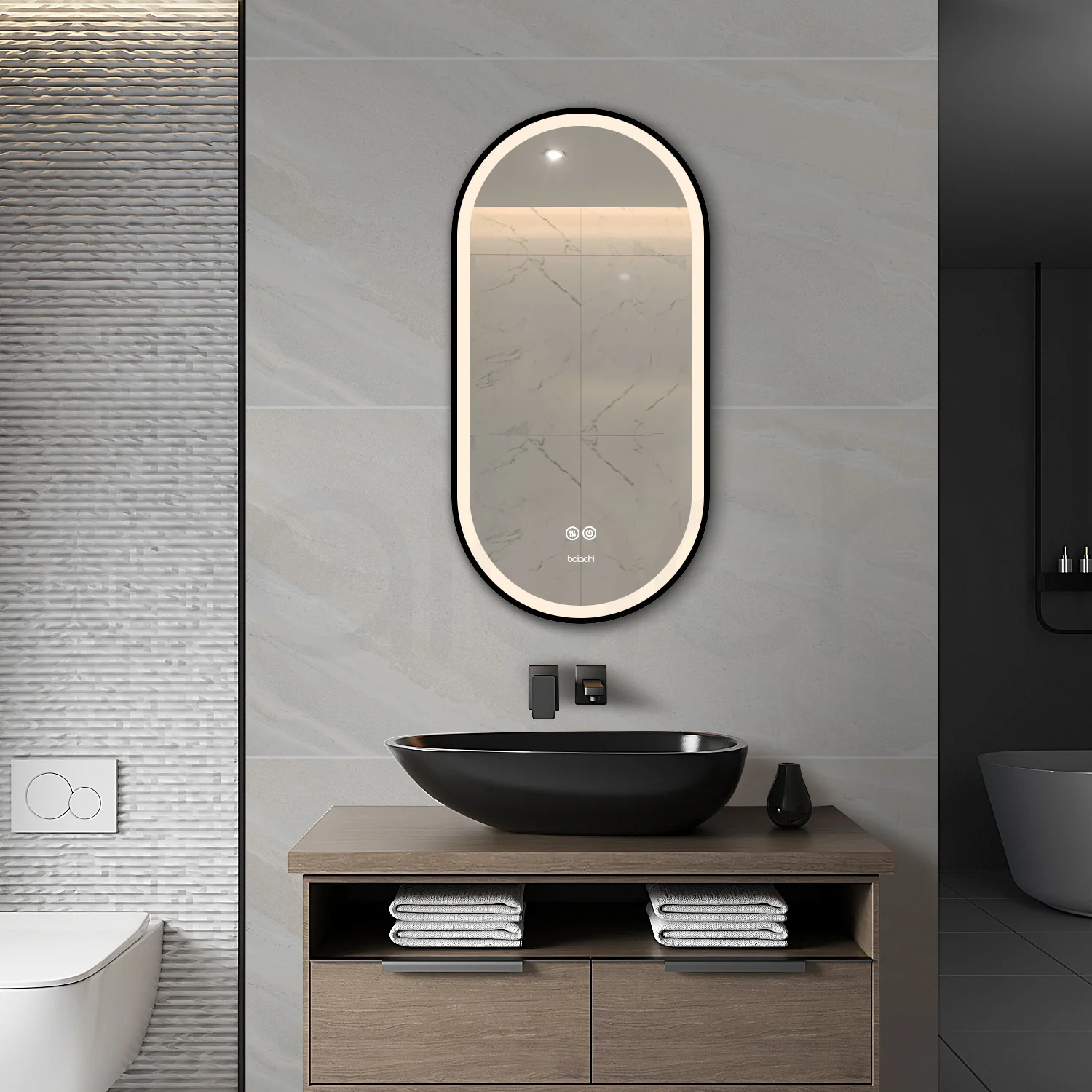 Baiachi Cora LED Oval 450mmx900mm Frame Mirror Matte Black - Image 2
