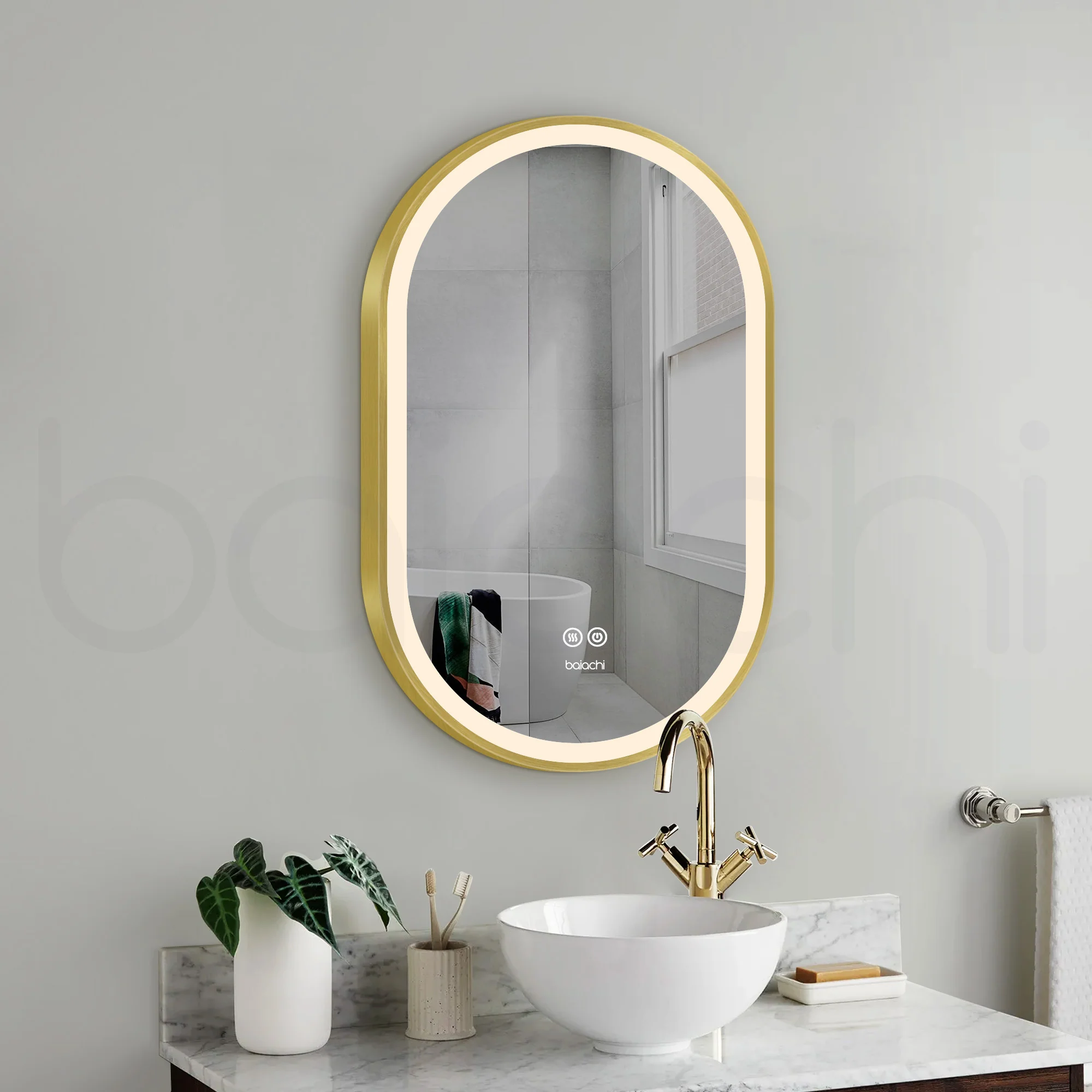 Baiachi Cora LED Oval 600mmx900mm Frame Mirror Brushed Gold - Image 2