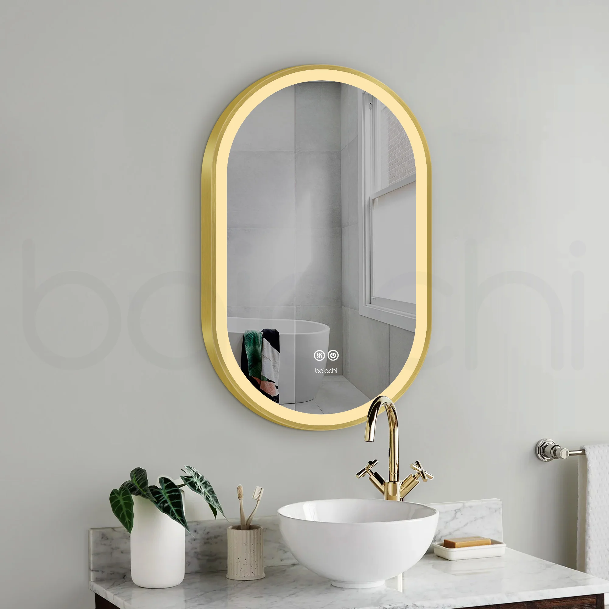 Baiachi Cora LED Oval 600mmx900mm Frame Mirror Brushed Gold - Image 3