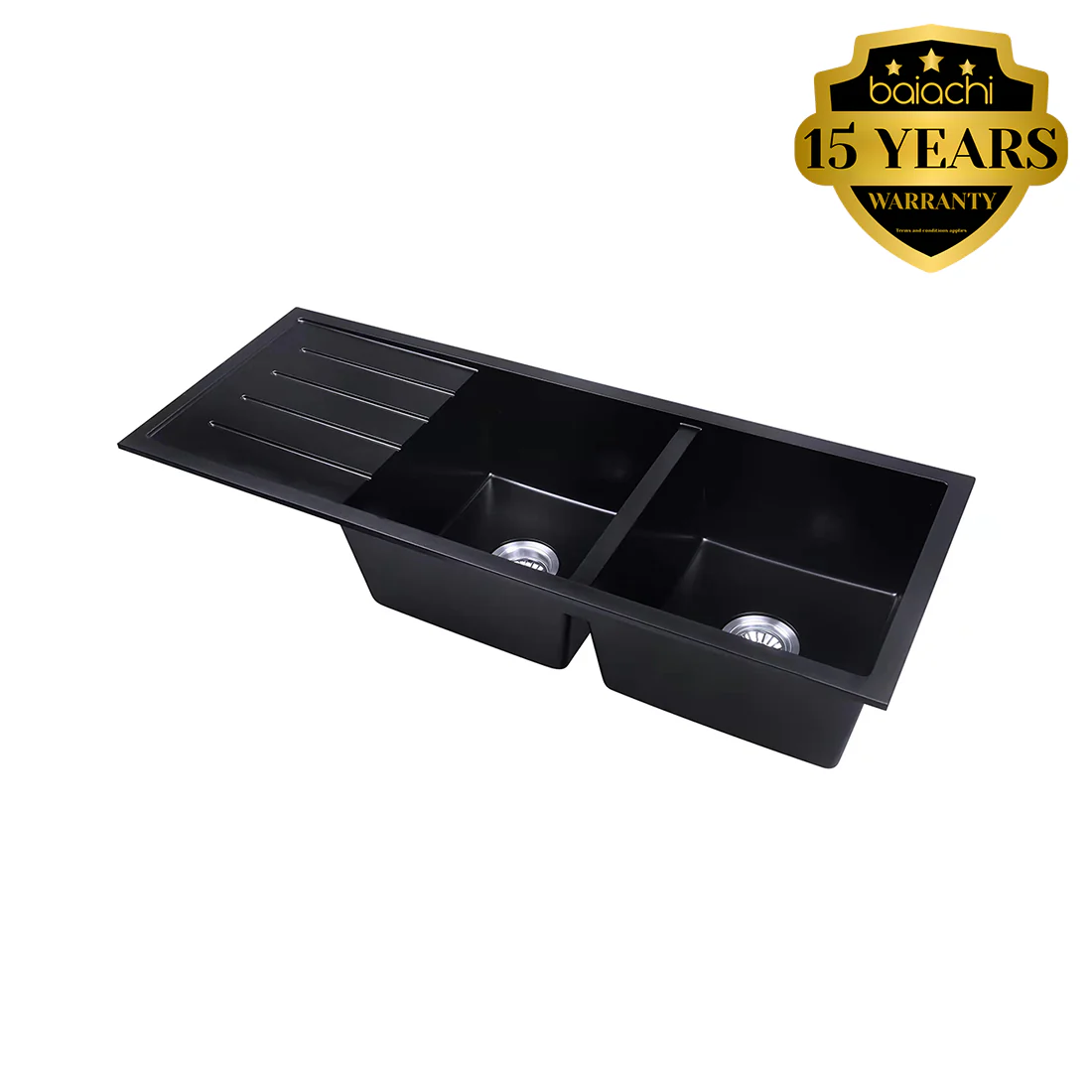 Baiachi 1160 x 450 Double Bowl and Drainer Granite Kitchen Sink Black - Image 5