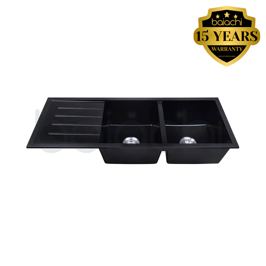 Baiachi 1160 x 450 Double Bowl and Drainer Granite Kitchen Sink Black - Image 6