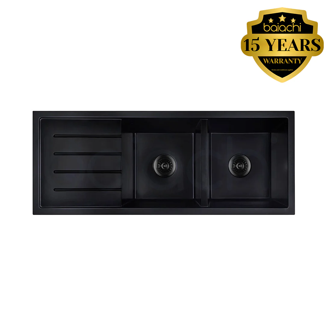 Baiachi 1160 x 450 Double Bowl and Drainer Granite Kitchen Sink Black - Image 7