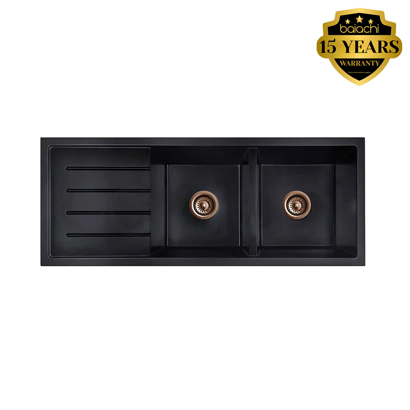 Baiachi 1160 x 450 Double Bowl and Drainer Granite Kitchen Sink Black with Brushed Copper Waste - Image 6