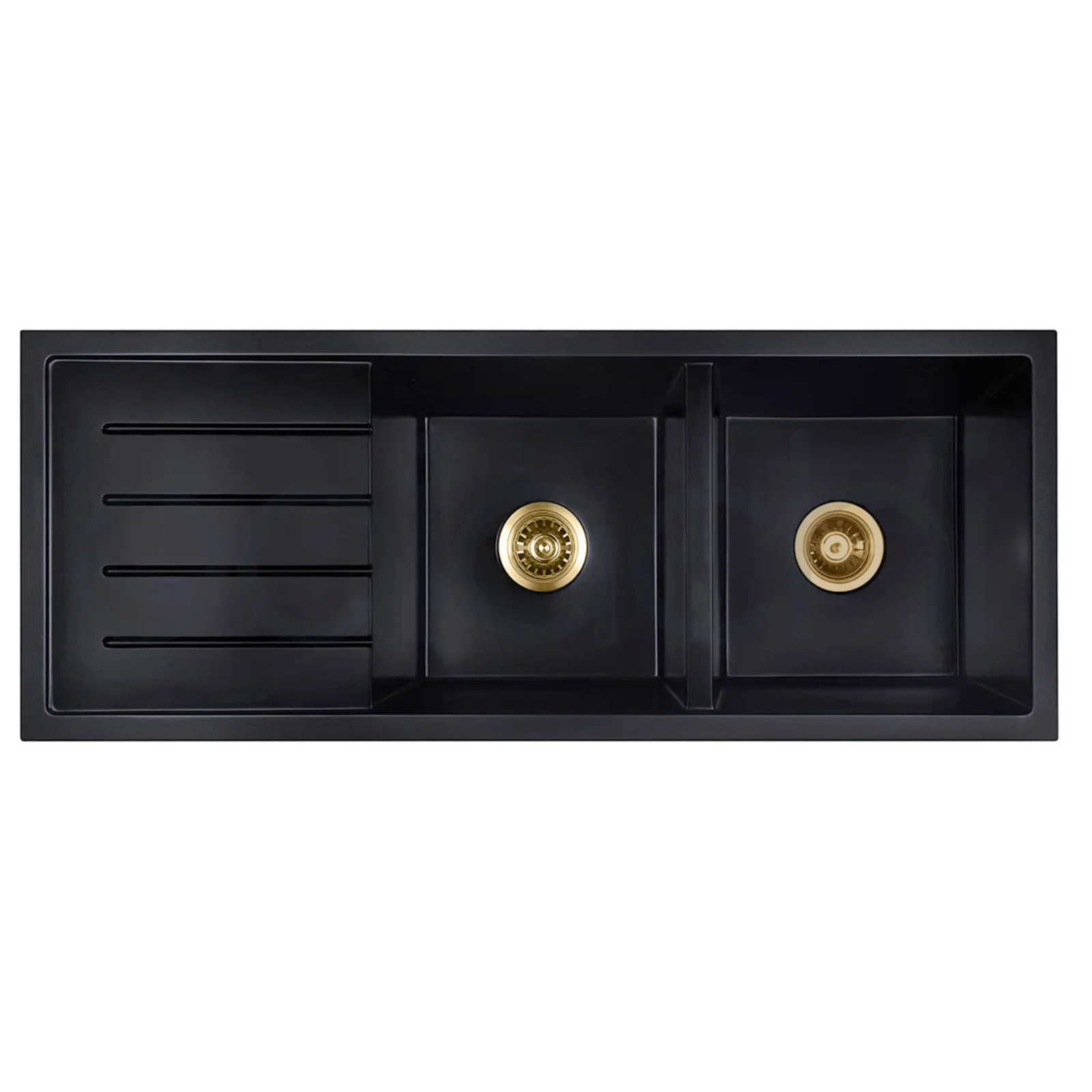 Baiachi 1160 x 450 Double Bowl and Drainer Granite Kitchen Sink Black with Gun metal Waste - Image 3