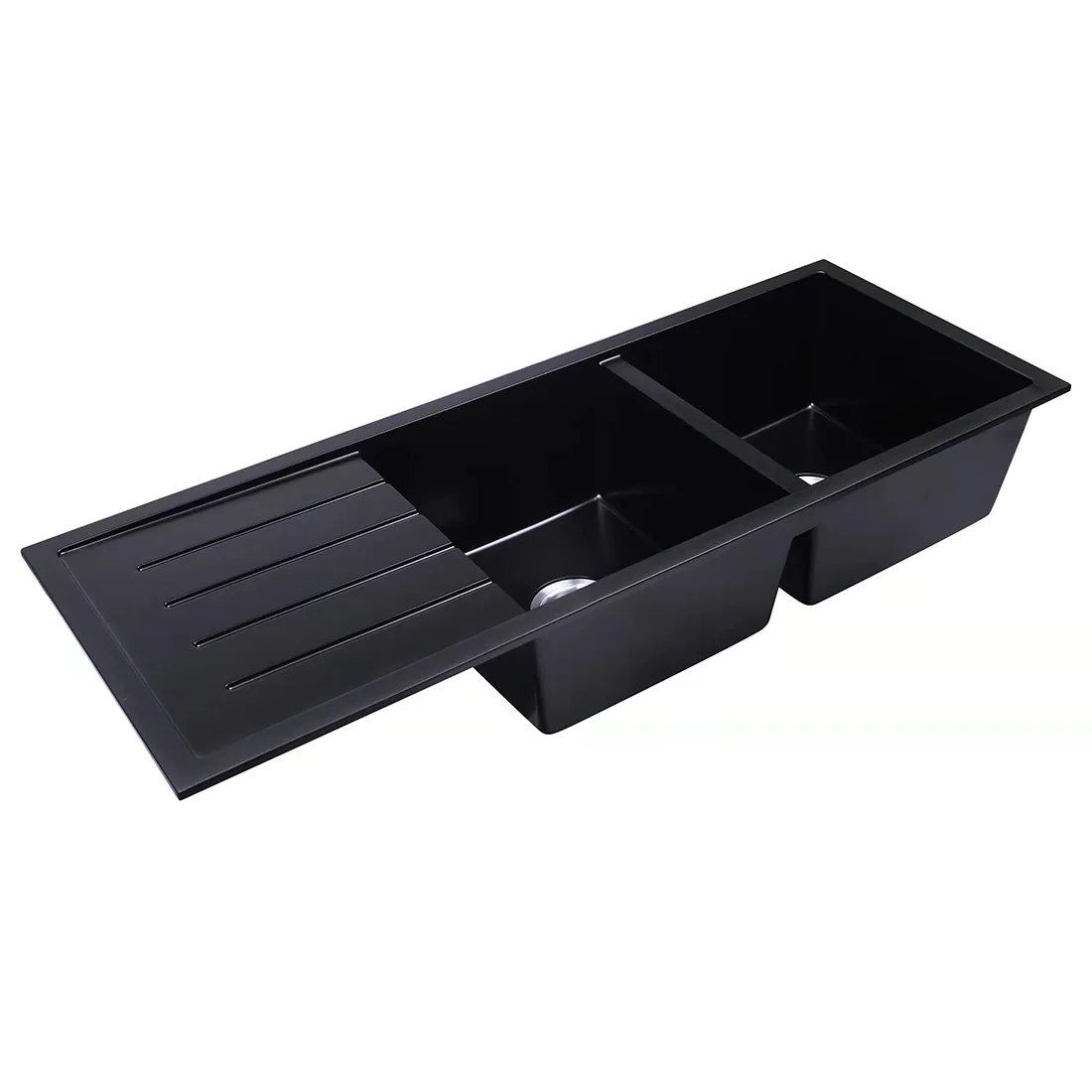 Baiachi 1160 x 450 Double Bowl and Drainer Granite Kitchen Sink Black with Gun metal Waste - Image 4