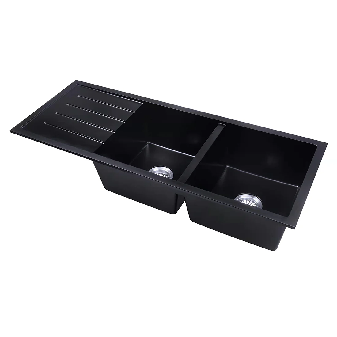 Baiachi 1160 x 450 Double Bowl and Drainer Granite Kitchen Sink Black with Gun metal Waste - Image 5
