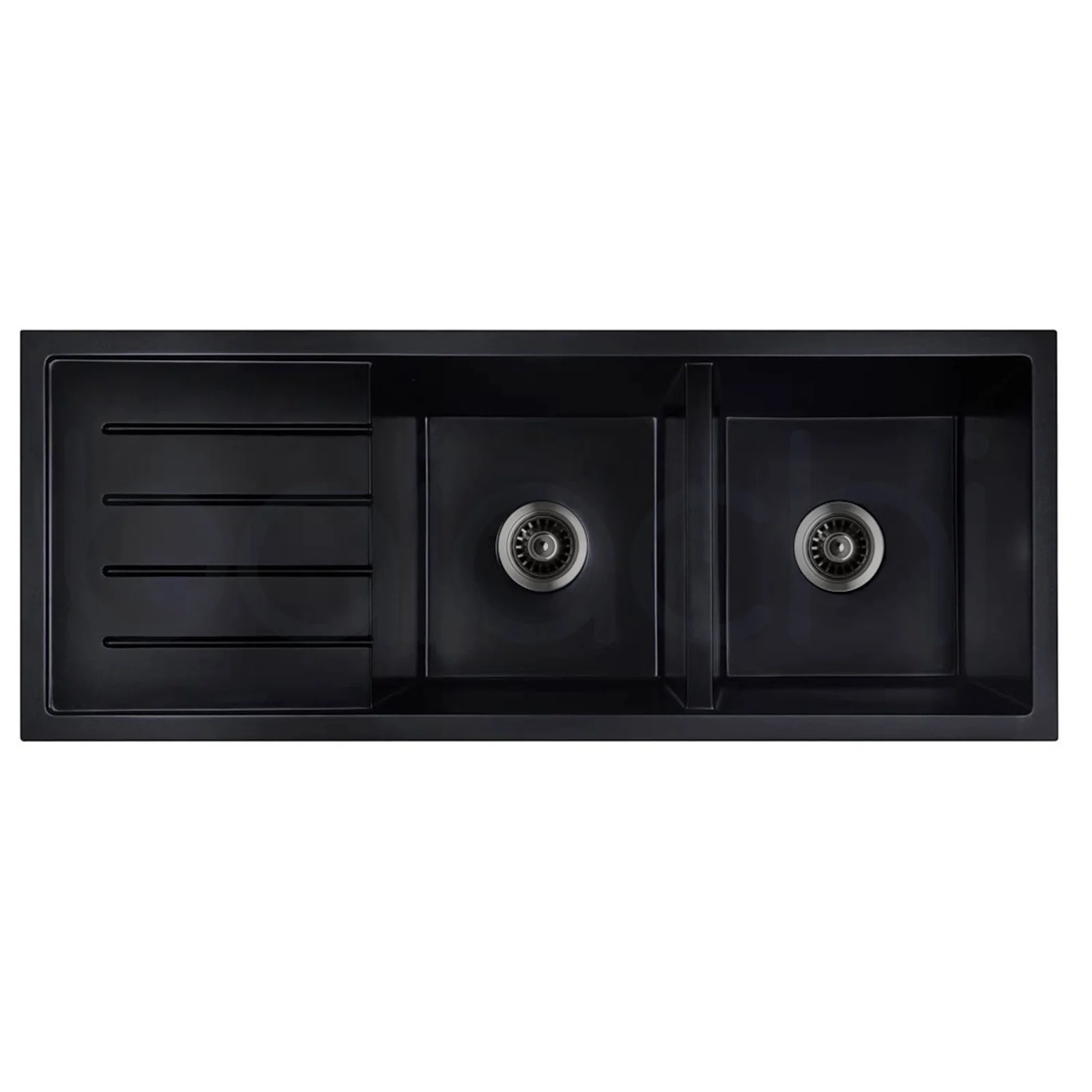 Baiachi 1160 x 450 Double Bowl and Drainer Granite Kitchen Sink Black with Gun metal Waste - Image 8