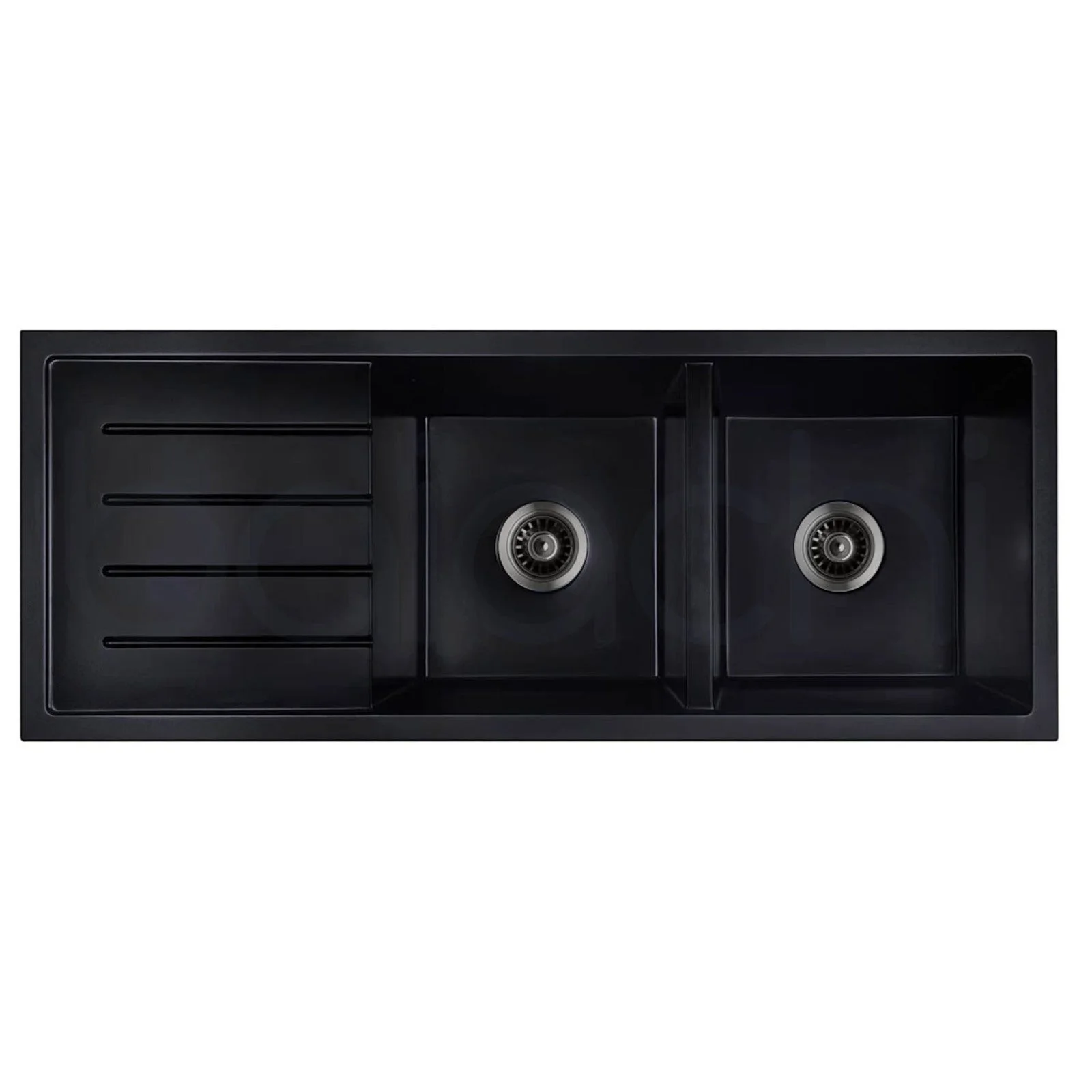 Baiachi 1160 x 450 Double Bowl and Drainer Granite Kitchen Sink Black with Gun metal Waste - Image 9