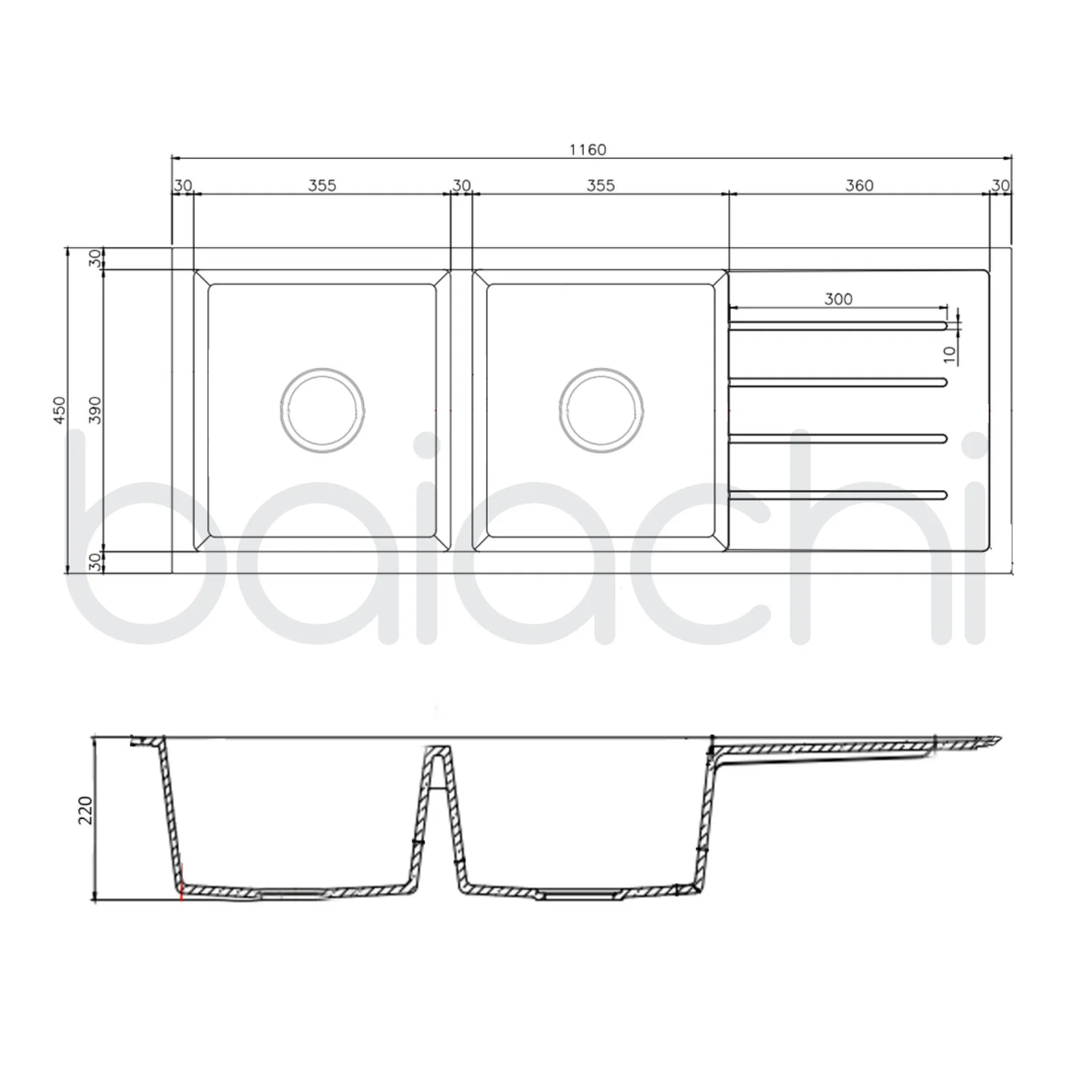 Baiachi 1160 x 450 Double Bowl and Drainer Granite Kitchen Sink White - Image 2