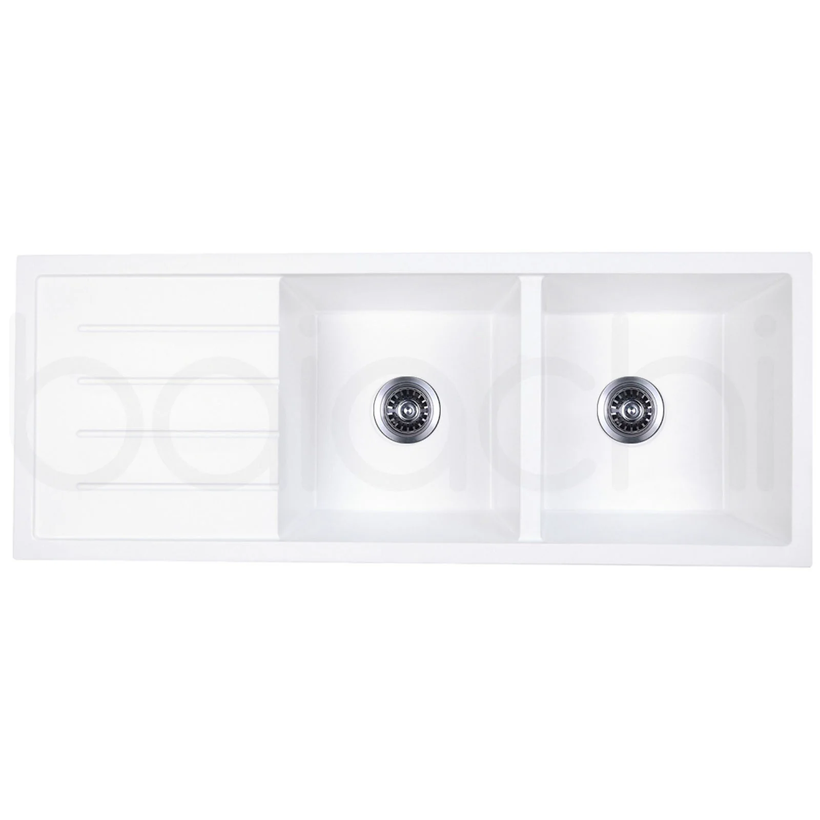 Baiachi 1160 x 450 Double Bowl and Drainer Granite Kitchen Sink White with Gun metal Waste - Image 3