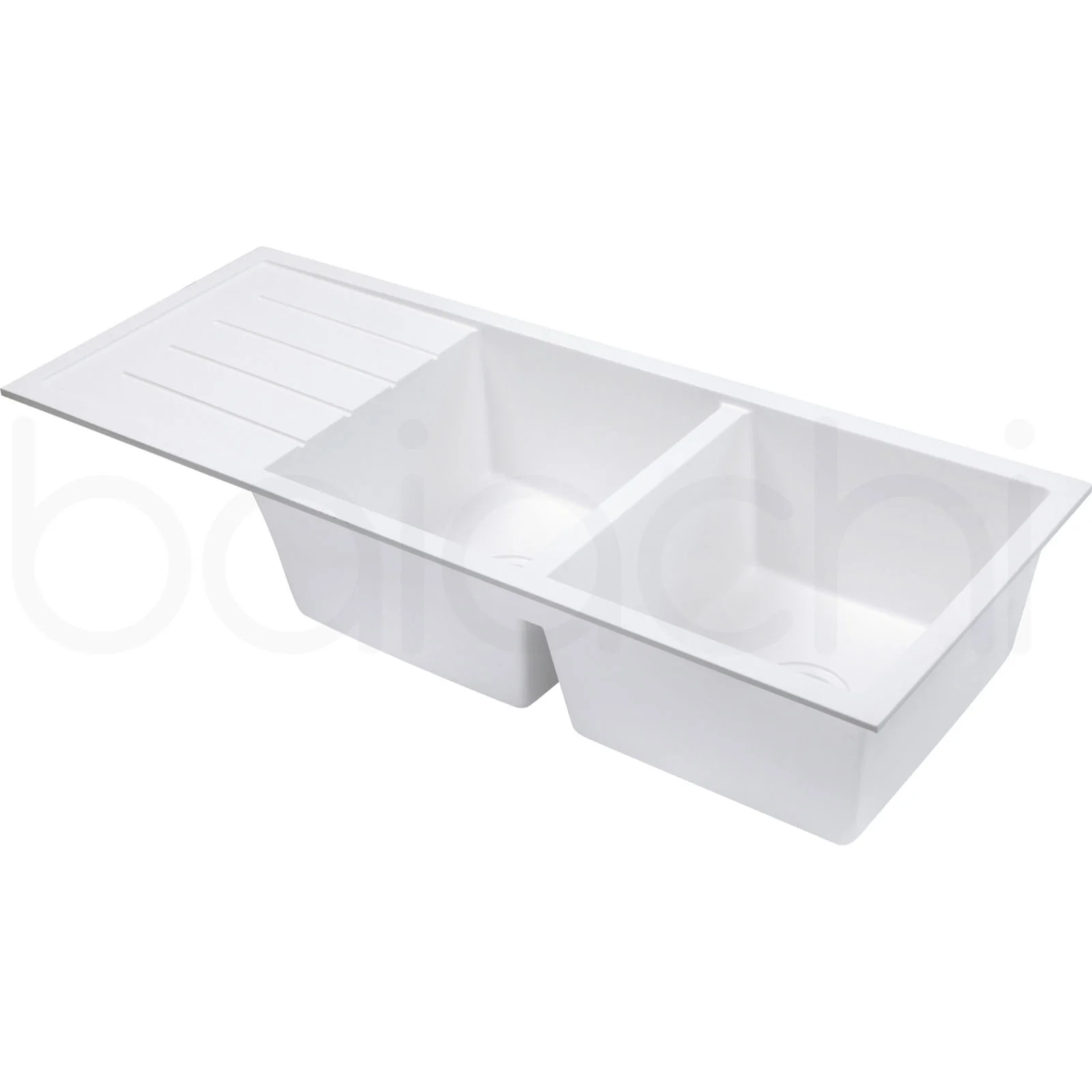 Baiachi 1160 x 450 Double Bowl and Drainer Granite Kitchen Sink White with Gun metal Waste - Image 5